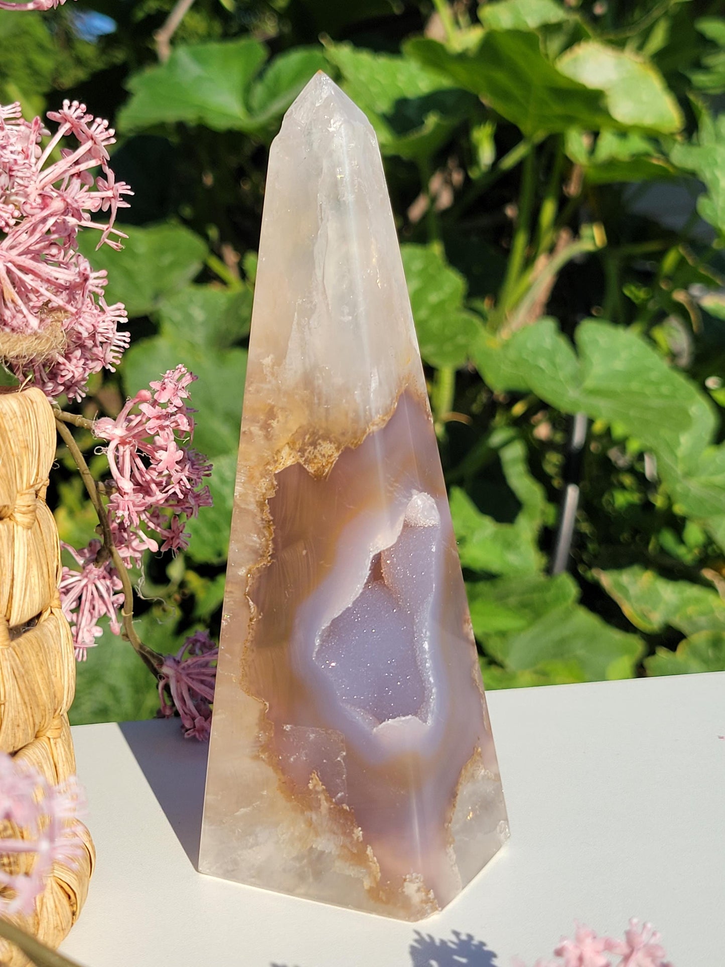 Beautiful high quality agate obelisk with sparkly druzy and quartz  from Brazil