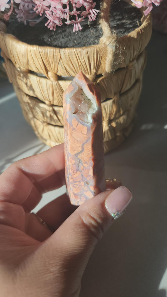 Beautiful druzy pink agate tower