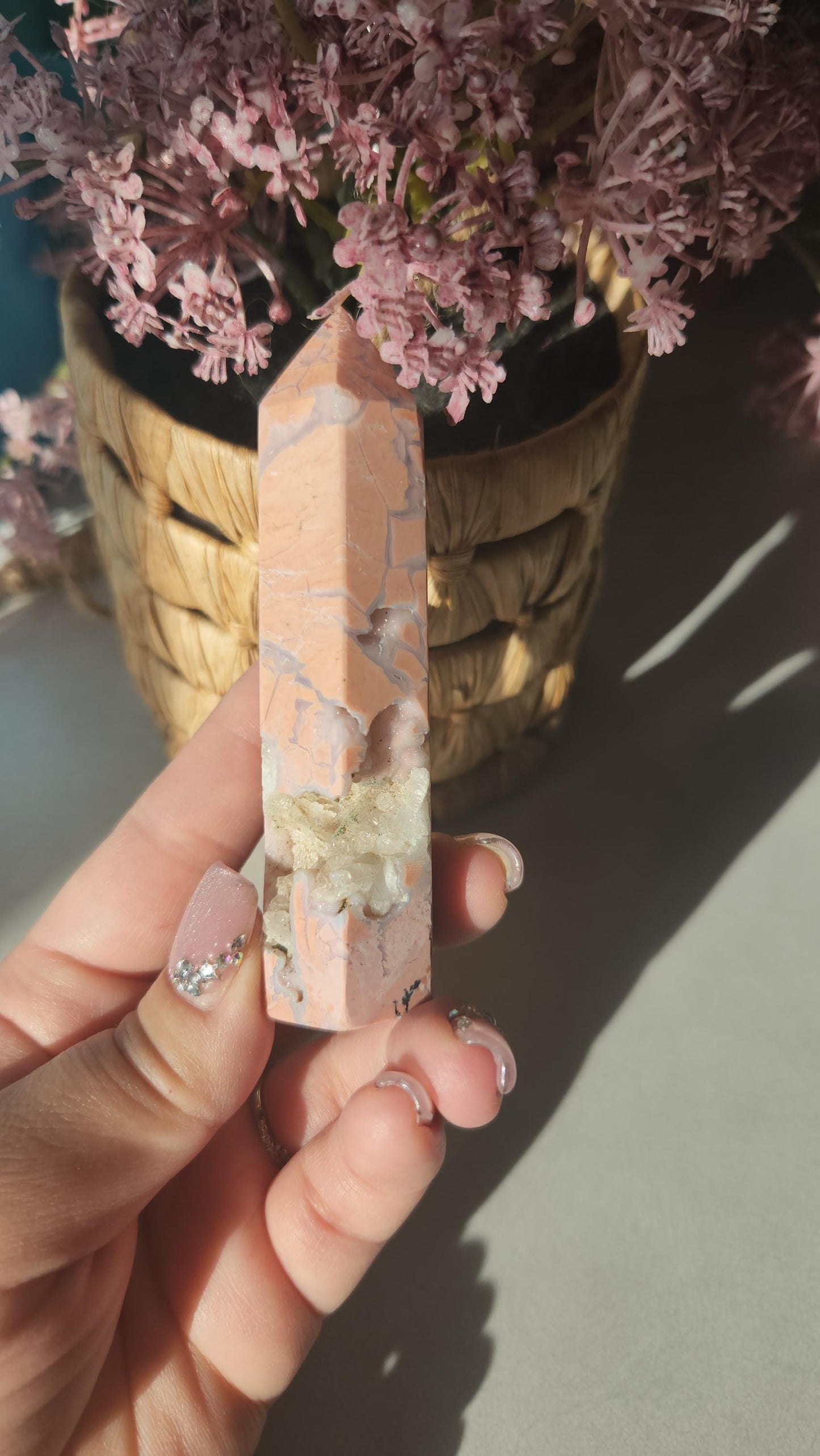 Amazing pink agate tower with sparkly druzy and quartz