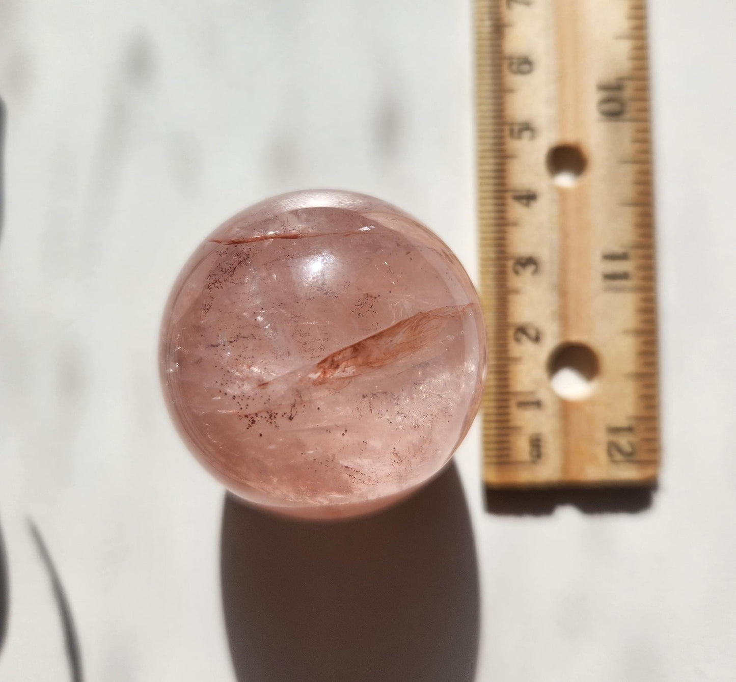 Rare 6 star rose quartz sphere with fire quartz, Hematoid inclusions and rainbows, natural/genuine, untreated