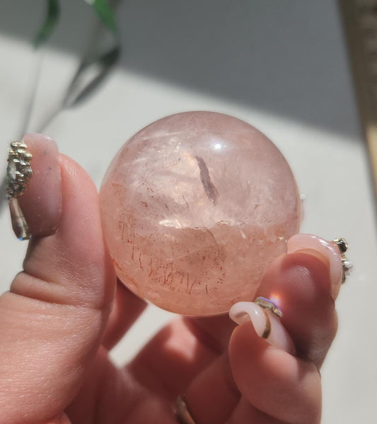 Rare 6 star rose quartz sphere with fire quartz, Hematoid inclusions and rainbows, natural/genuine, untreated