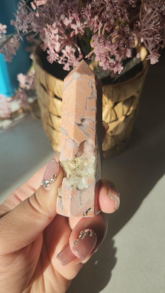Amazing pink agate tower with sparkly druzy and quartz