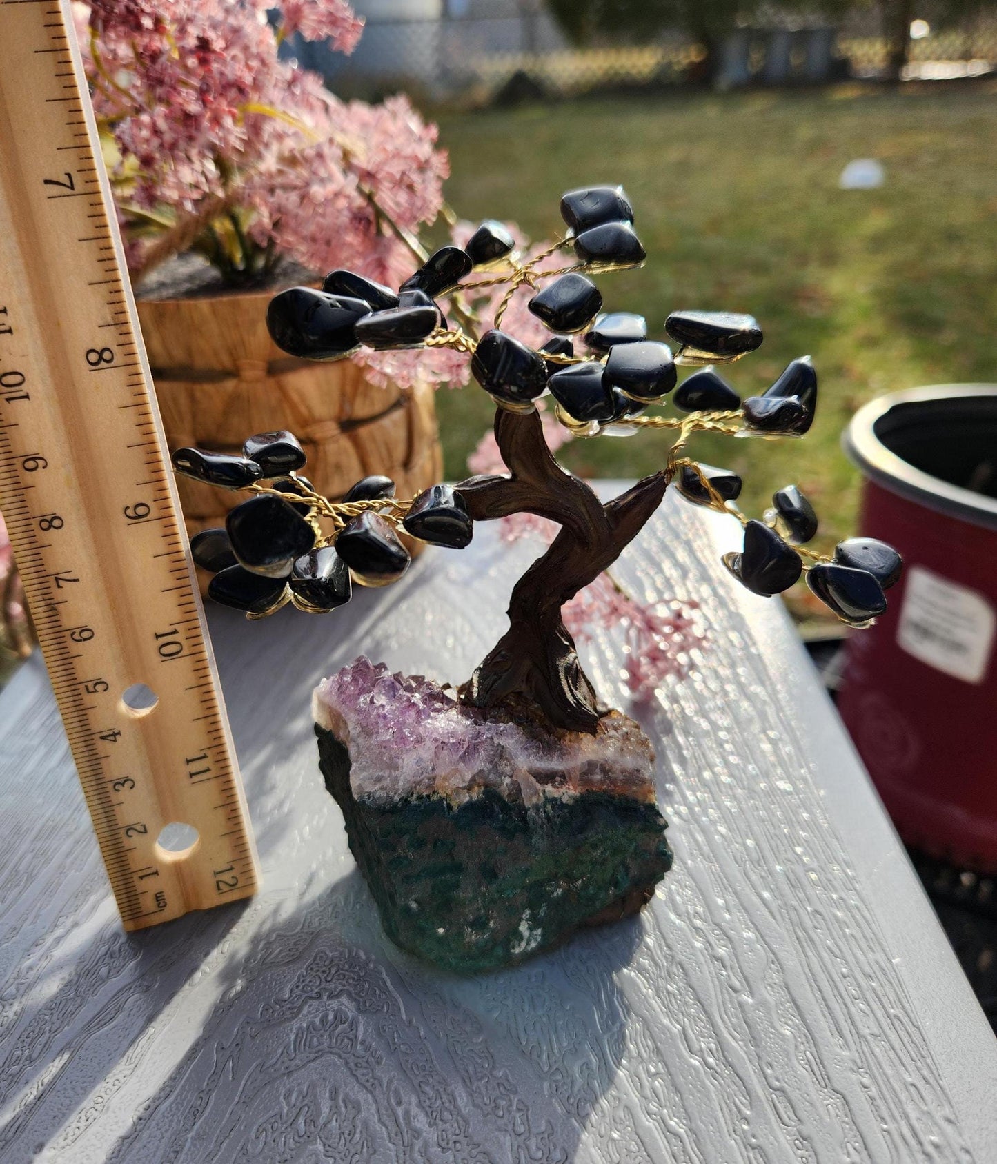Beautiful black onyx bonsai tree with a purple amethyst cluster base from Brazil