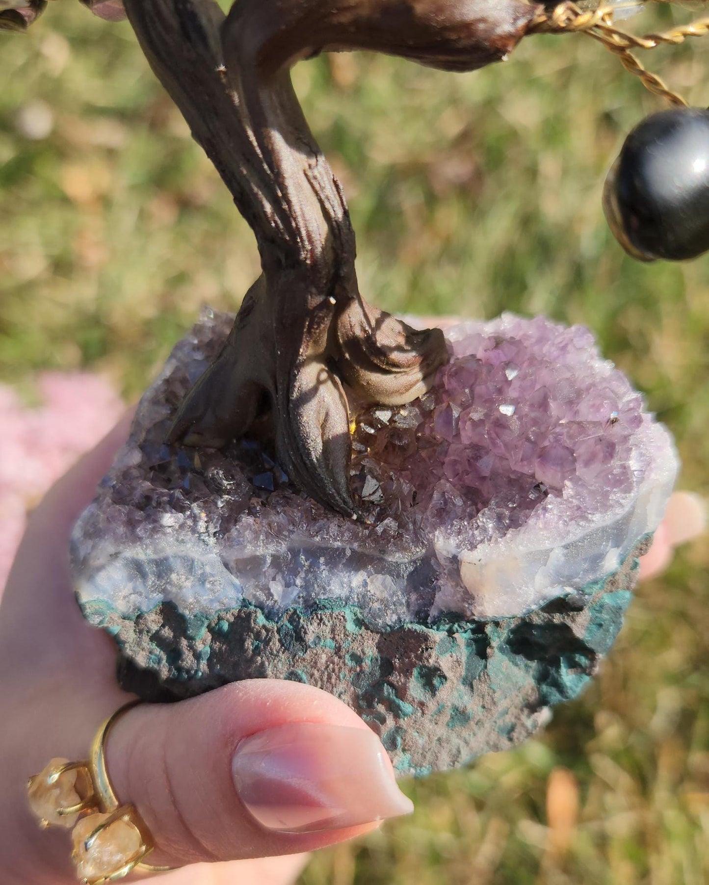 Beautiful black onyx bonsai tree with a purple amethyst cluster base from Brazil