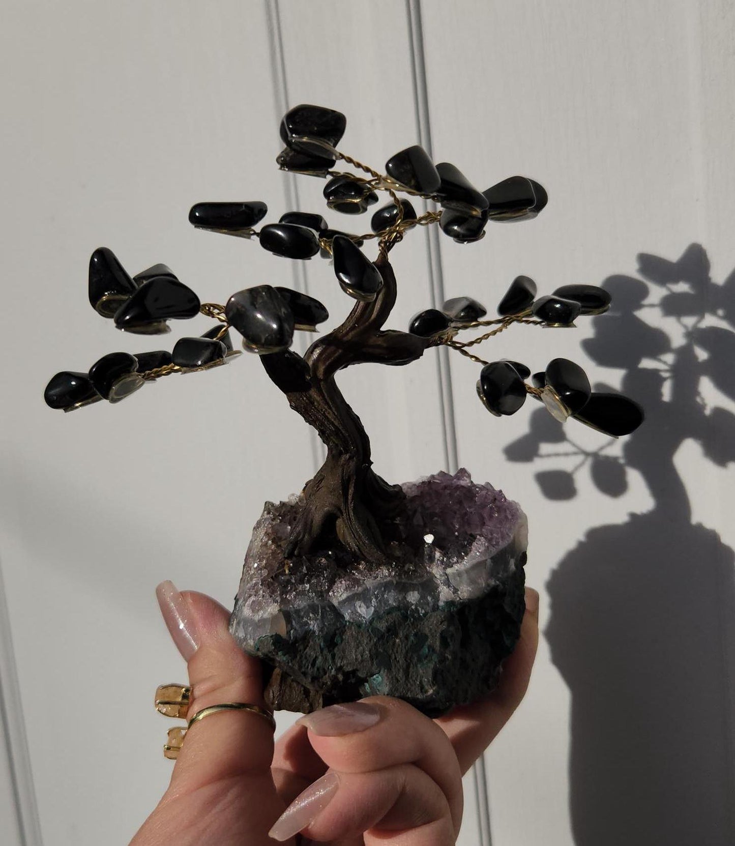 Beautiful black onyx bonsai tree with a purple amethyst cluster base from Brazil