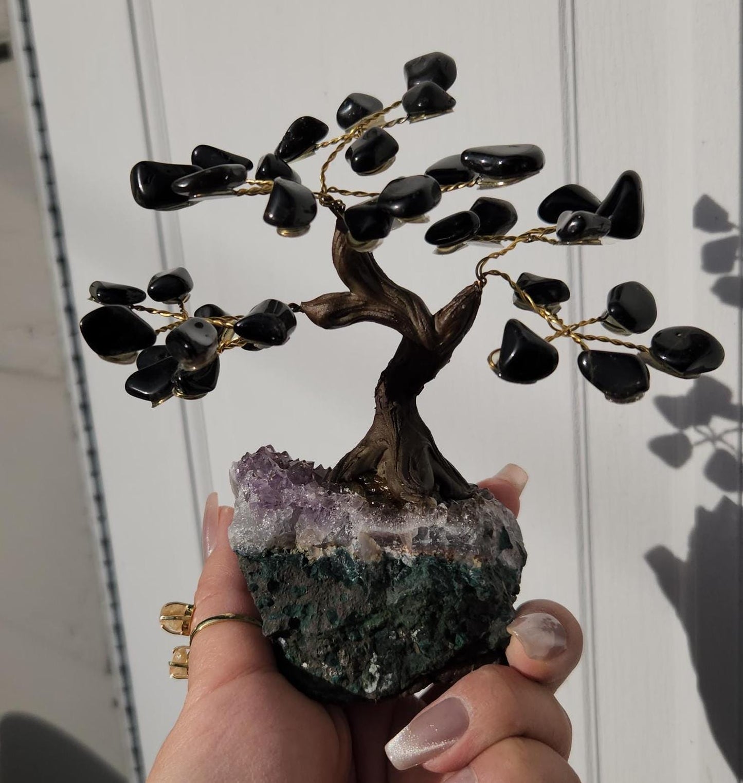 Beautiful black onyx bonsai tree with a purple amethyst cluster base from Brazil