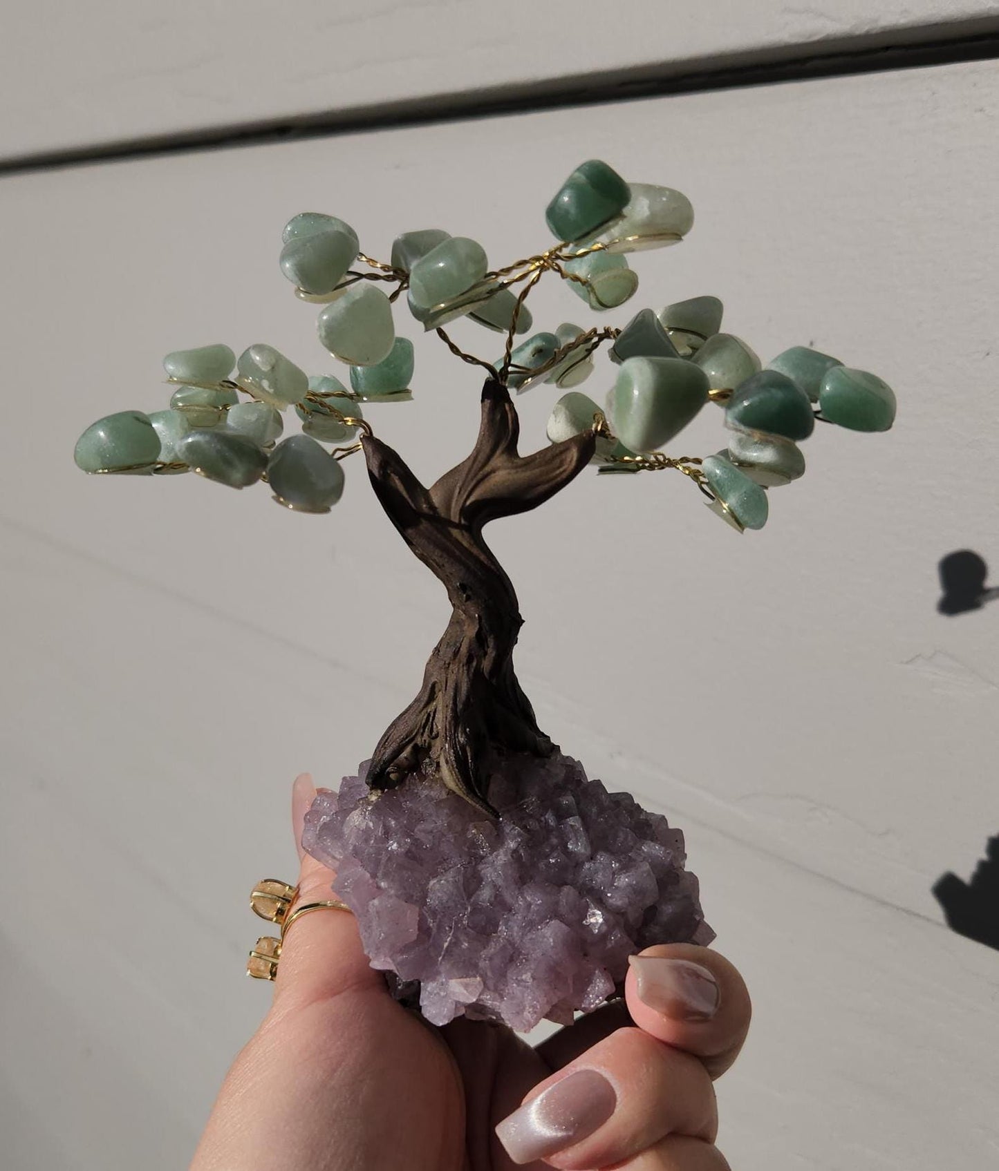 Lucky green aventurine bonsai tree with purple amethyst cluster base from Brazil, home decor