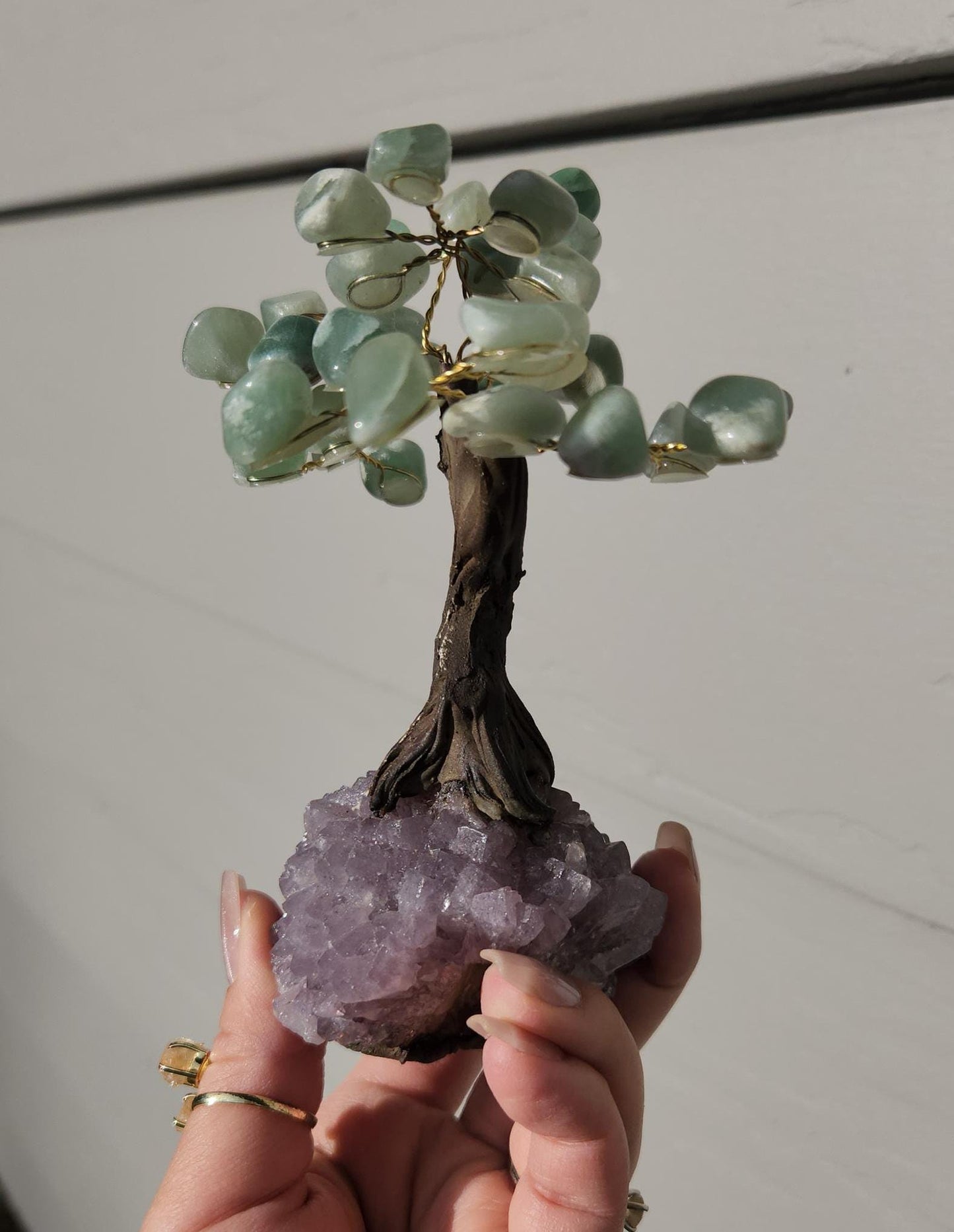 Lucky green aventurine bonsai tree with purple amethyst cluster base from Brazil, home decor