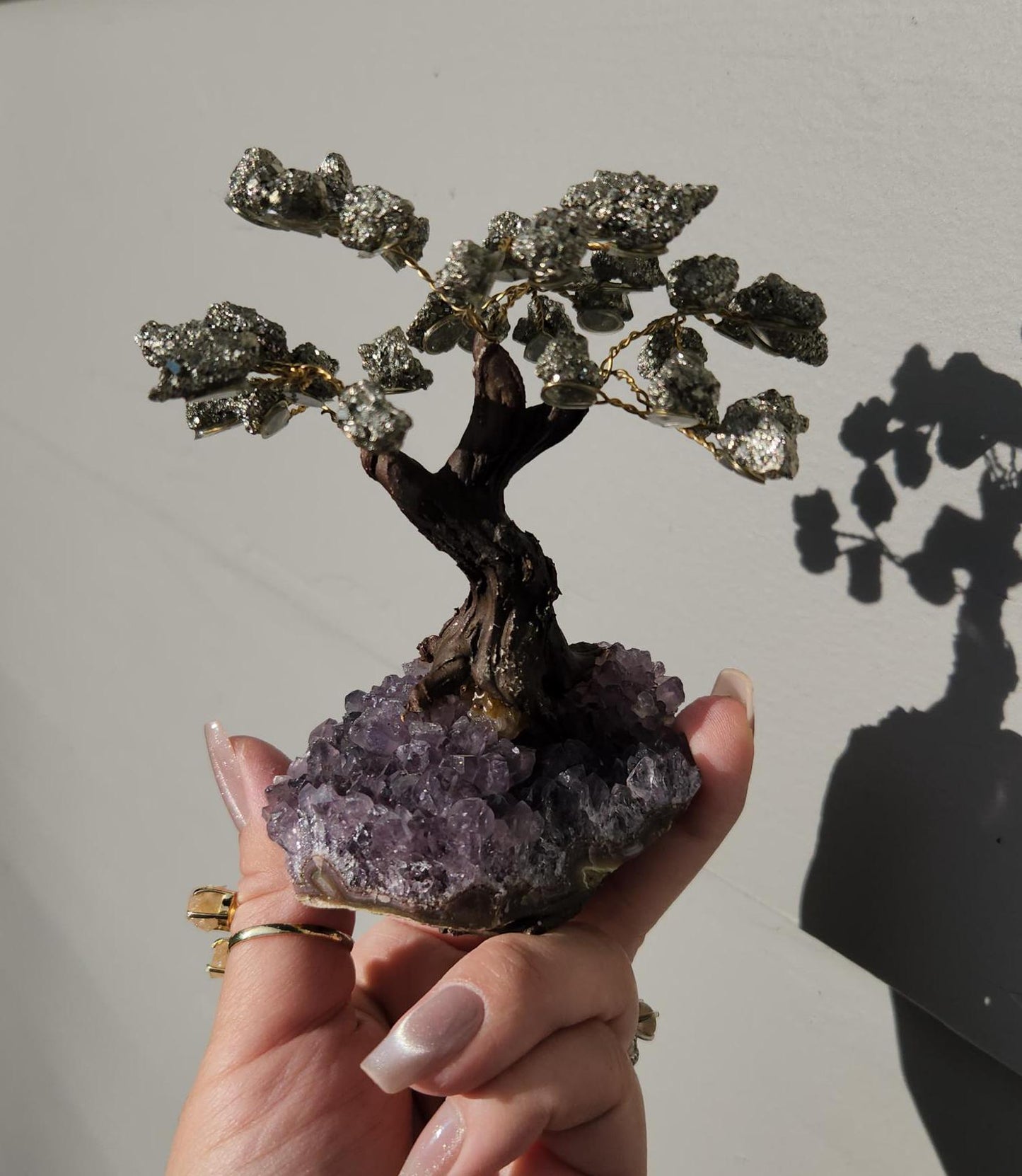 Beautiful pyrite bonsai tree with purple amethyst cluster base from Brazil