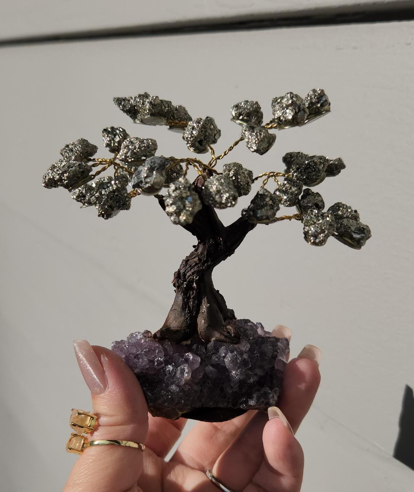 Beautiful pyrite bonsai tree with purple amethyst cluster base from Brazil
