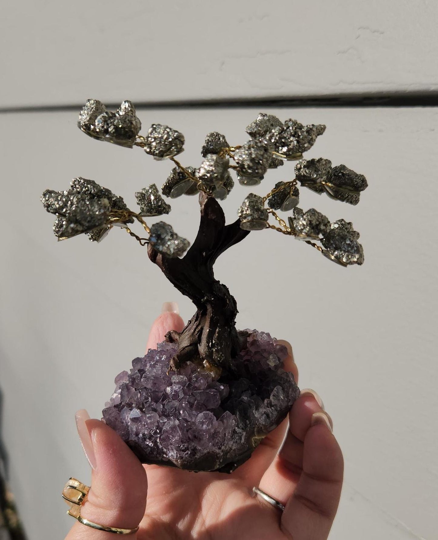 Beautiful pyrite bonsai tree with purple amethyst cluster base from Brazil