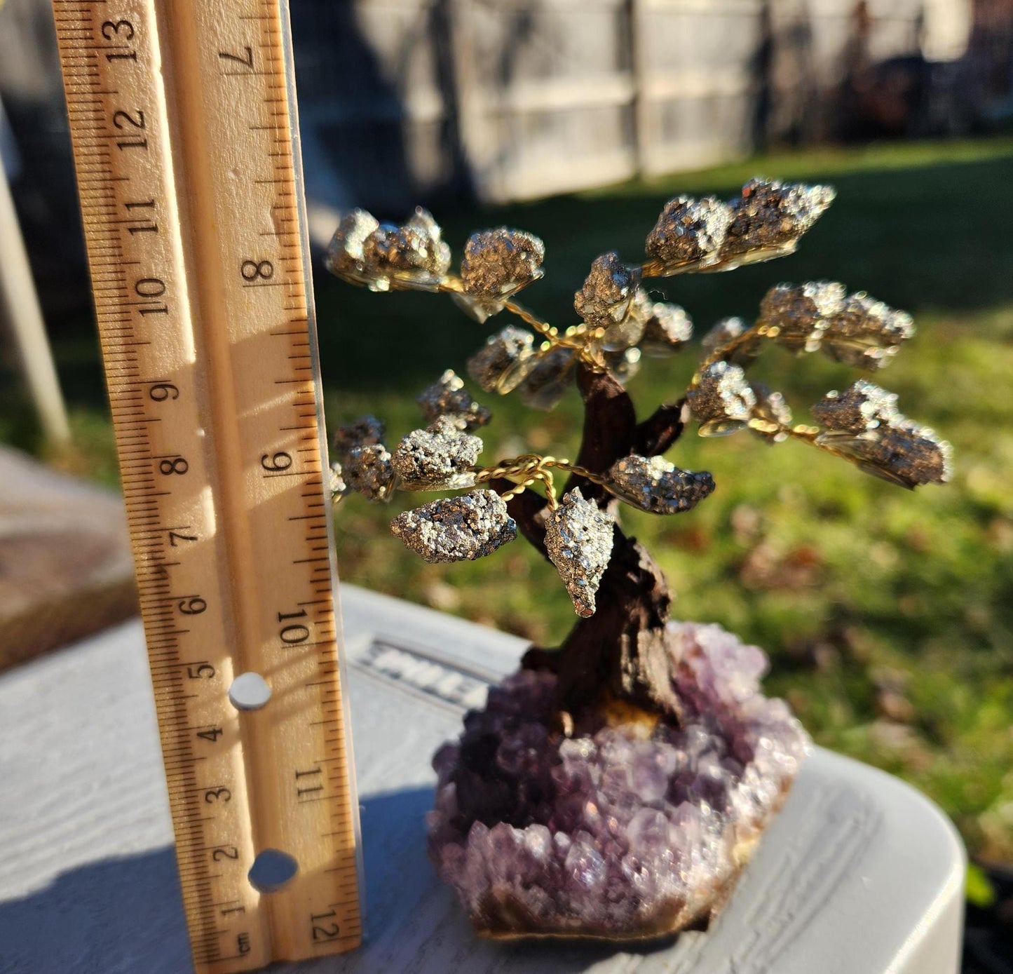 Beautiful pyrite bonsai tree with purple amethyst cluster base from Brazil