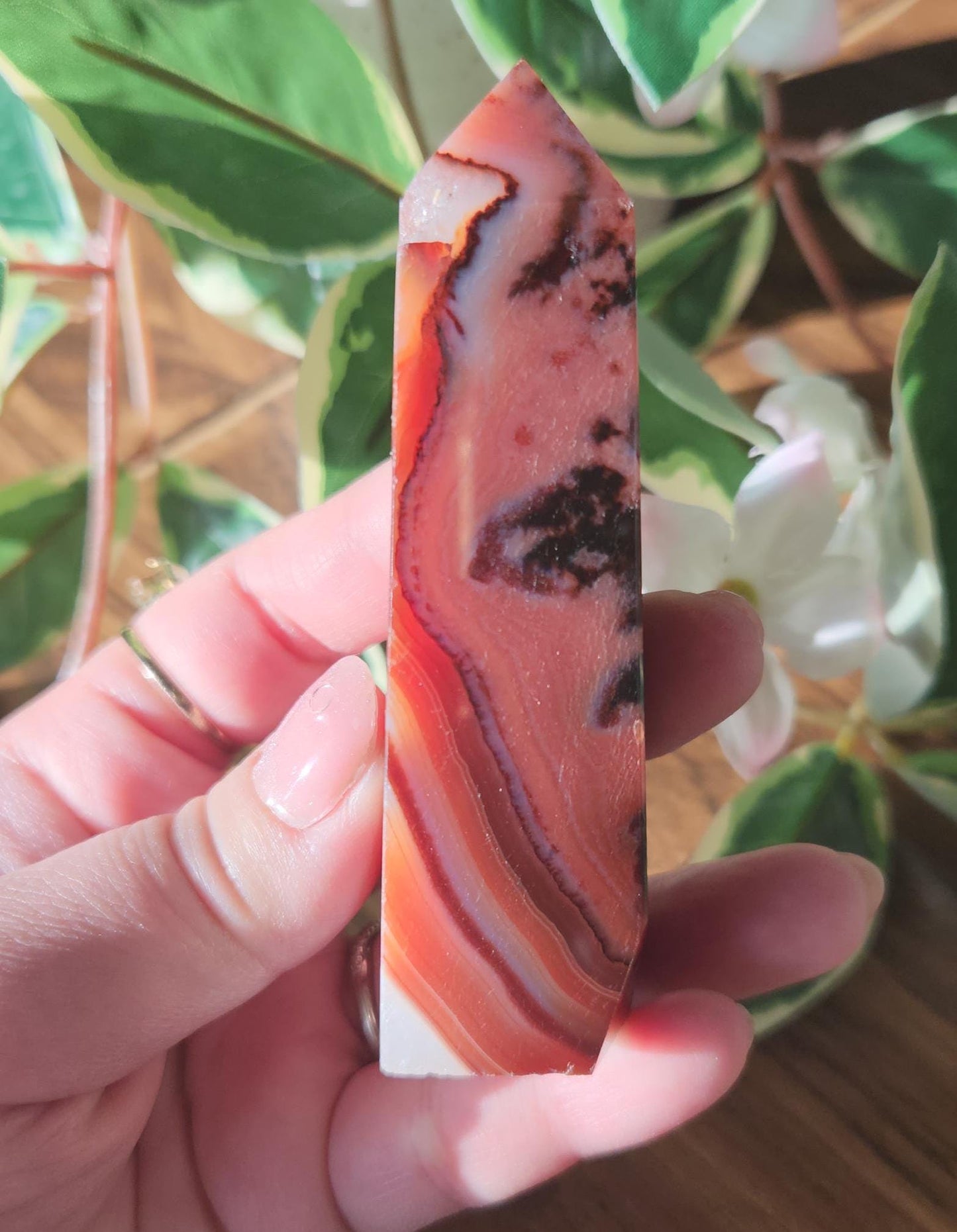 Red druzy carnelian tower with beautiful banding and unique patterns from Brazil, natural