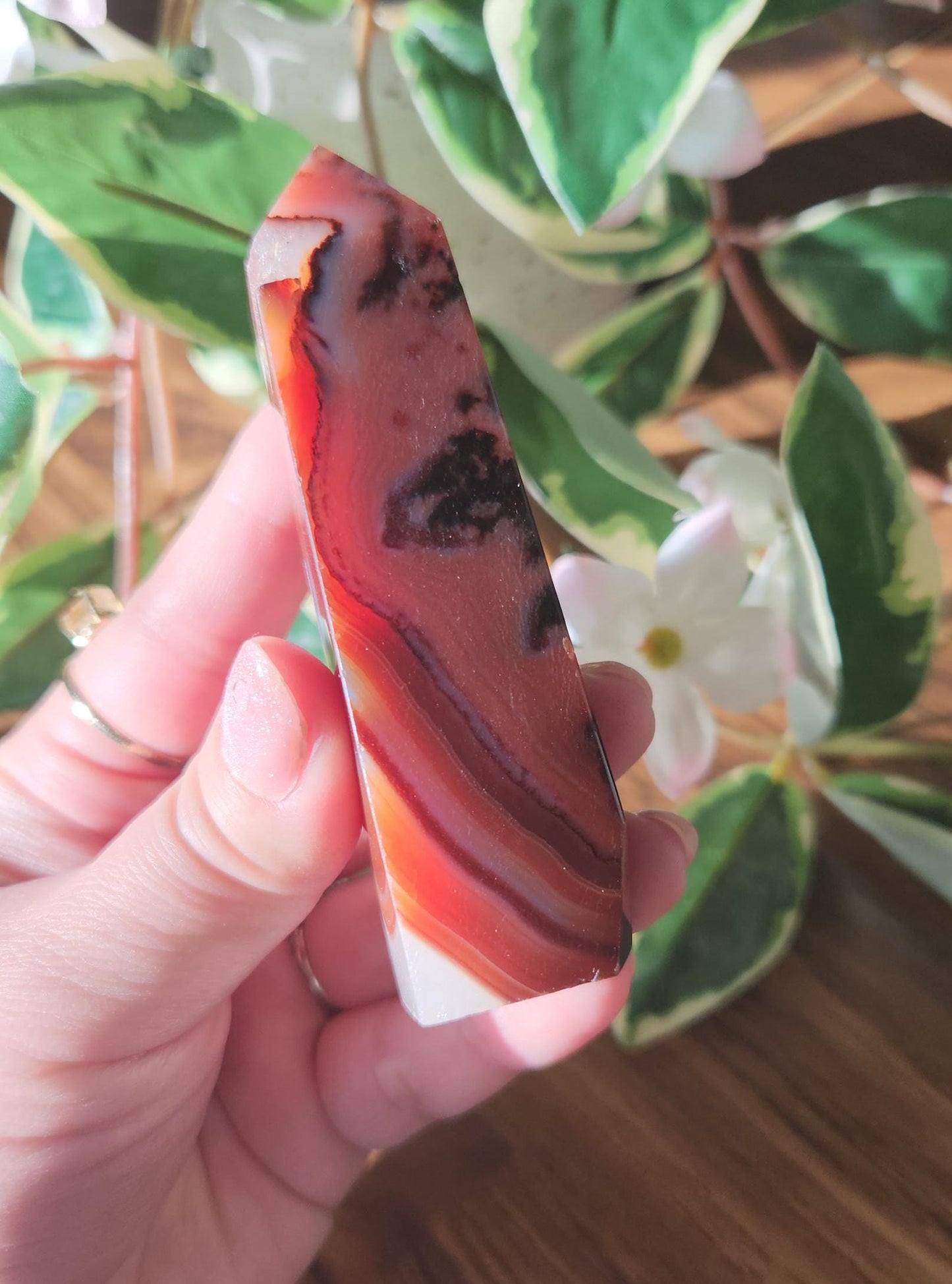 Red druzy carnelian tower with beautiful banding and unique patterns from Brazil, natural