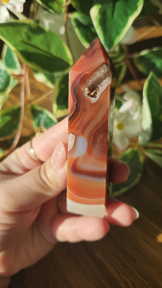 Red druzy carnelian tower with beautiful banding and unique patterns from Brazil, natural