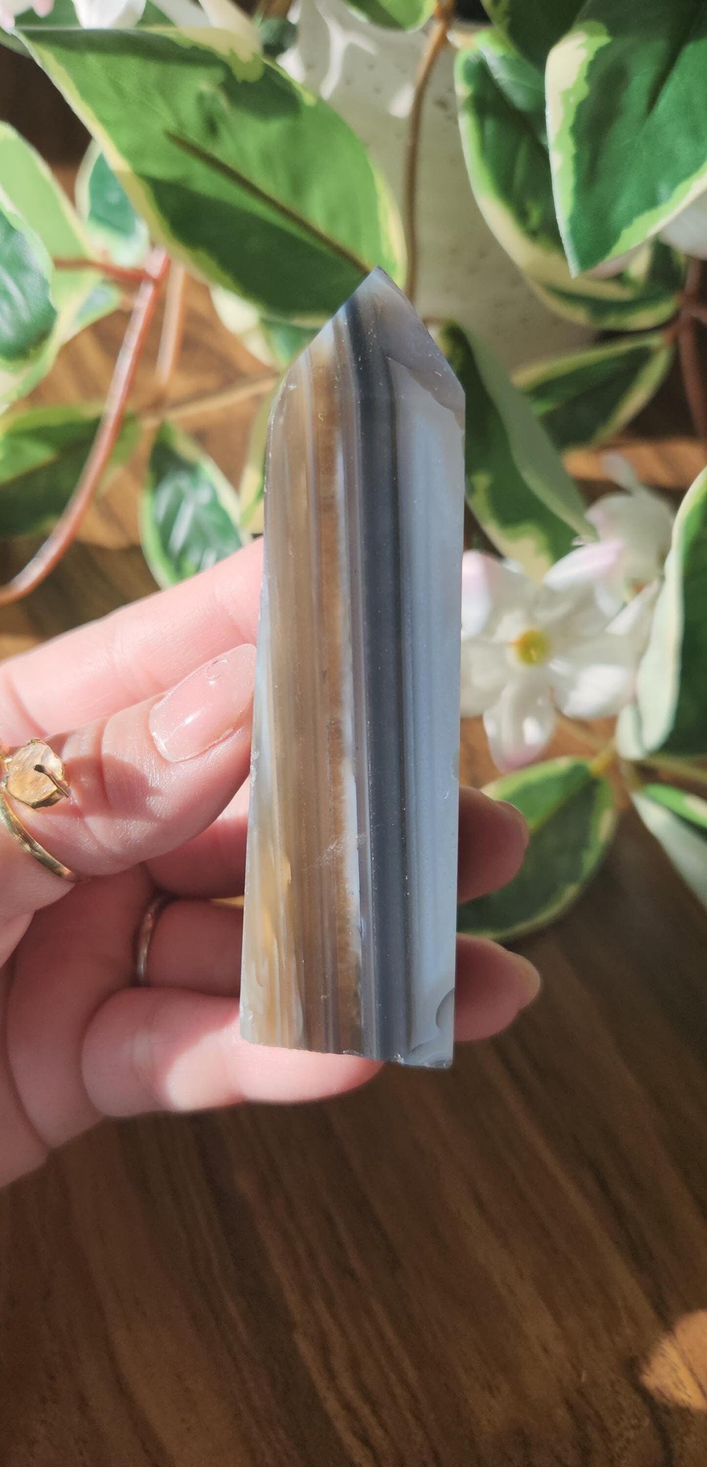 Rare blue carnelian tower with chalcedony, beautiful banding and unique patterns from Brazil, natural