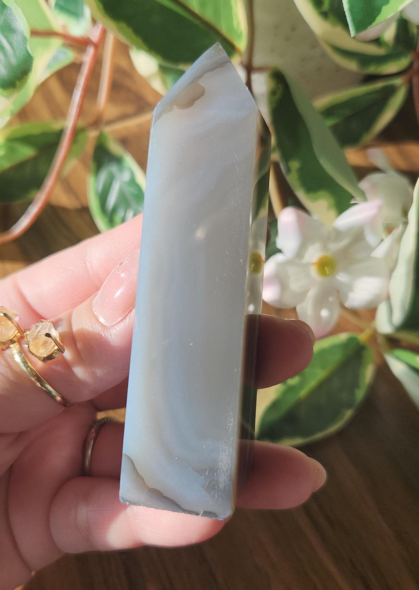 Rare blue carnelian tower with chalcedony, beautiful banding and unique patterns from Brazil, natural