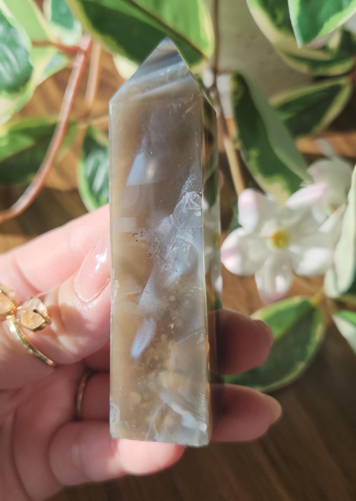 Rare blue carnelian tower with chalcedony, beautiful banding and unique patterns from Brazil, natural