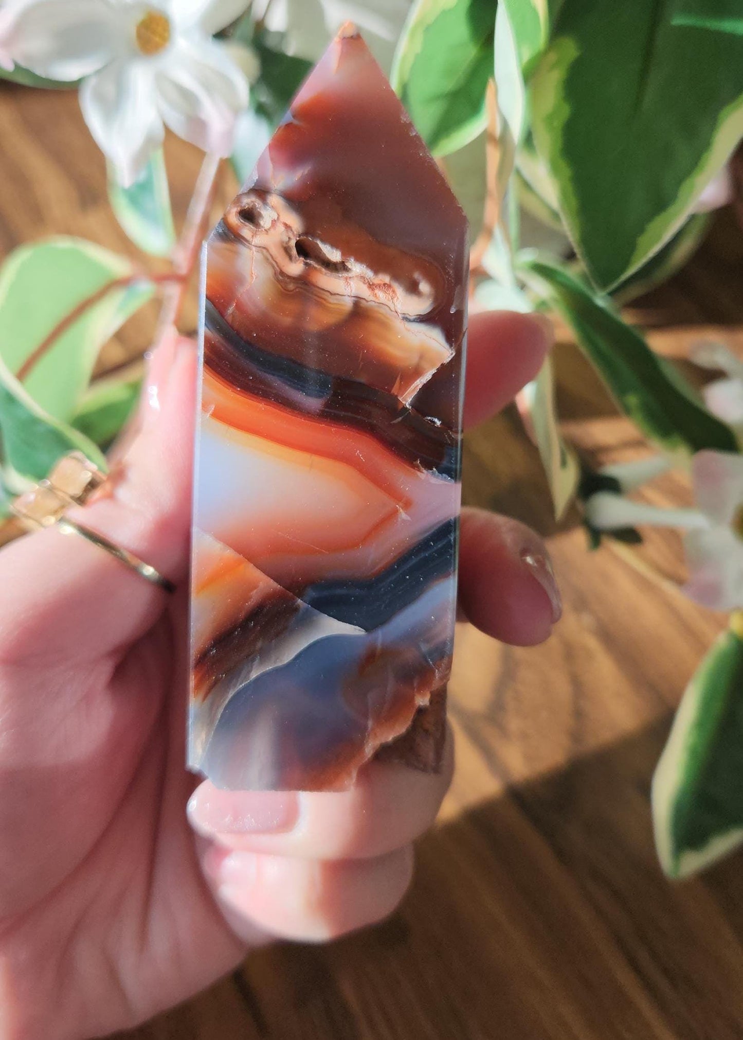 Rare carnelian tower with blue chalcedony, beautiful banding and unique pattern from Brazil, natural