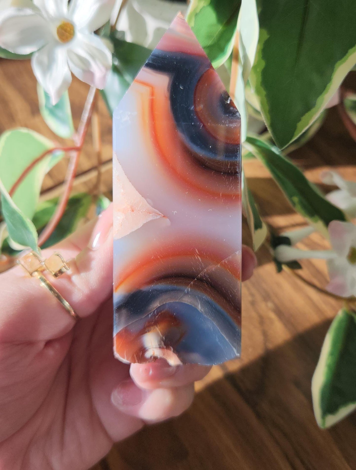 Rare carnelian tower with blue chalcedony, beautiful banding and unique pattern from Brazil, natural