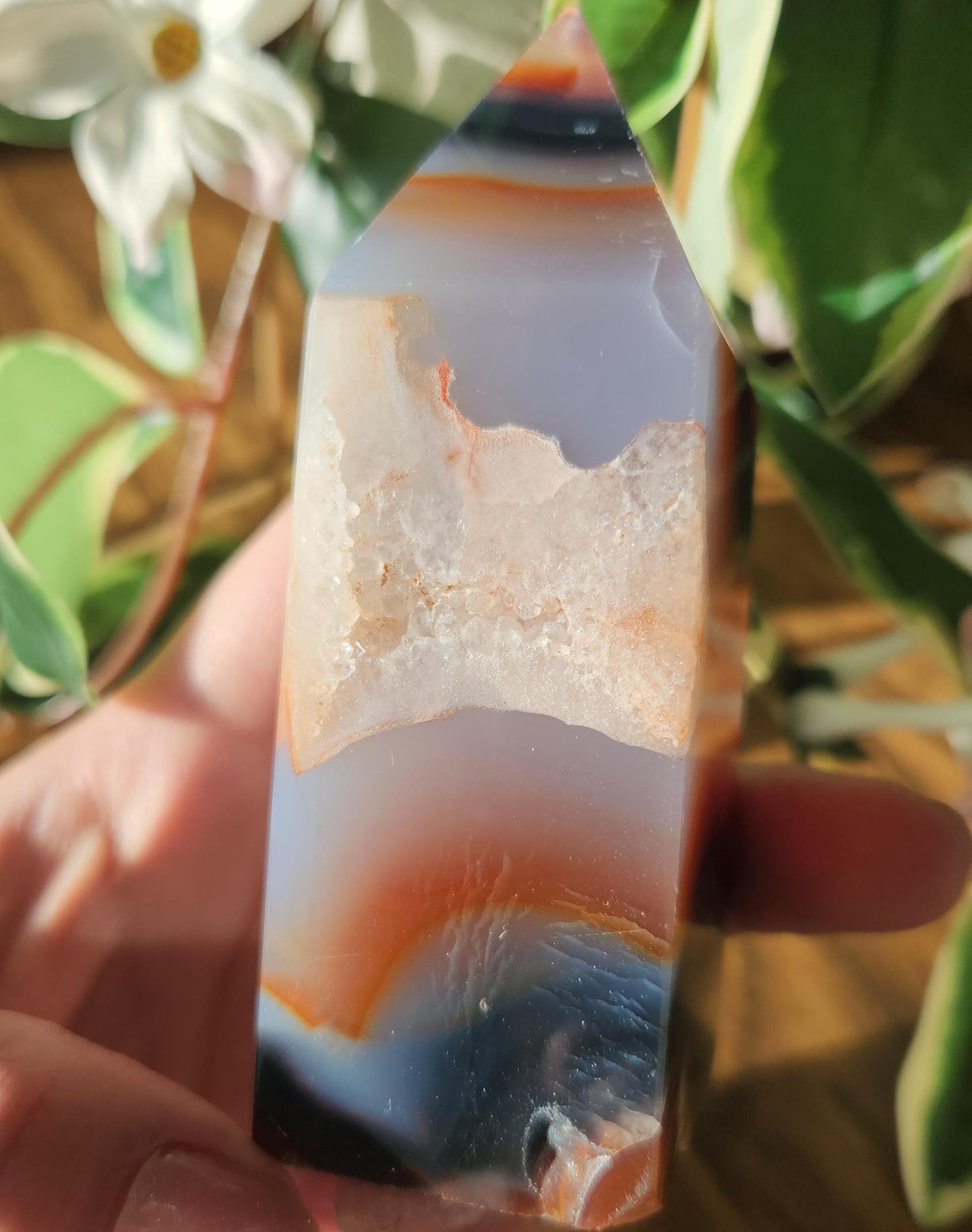 Rare carnelian tower with blue chalcedony, beautiful banding and unique pattern from Brazil, natural