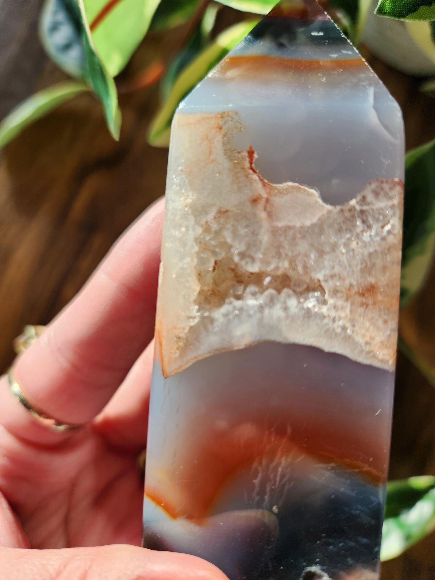 Rare carnelian tower with blue chalcedony, beautiful banding and unique pattern from Brazil, natural