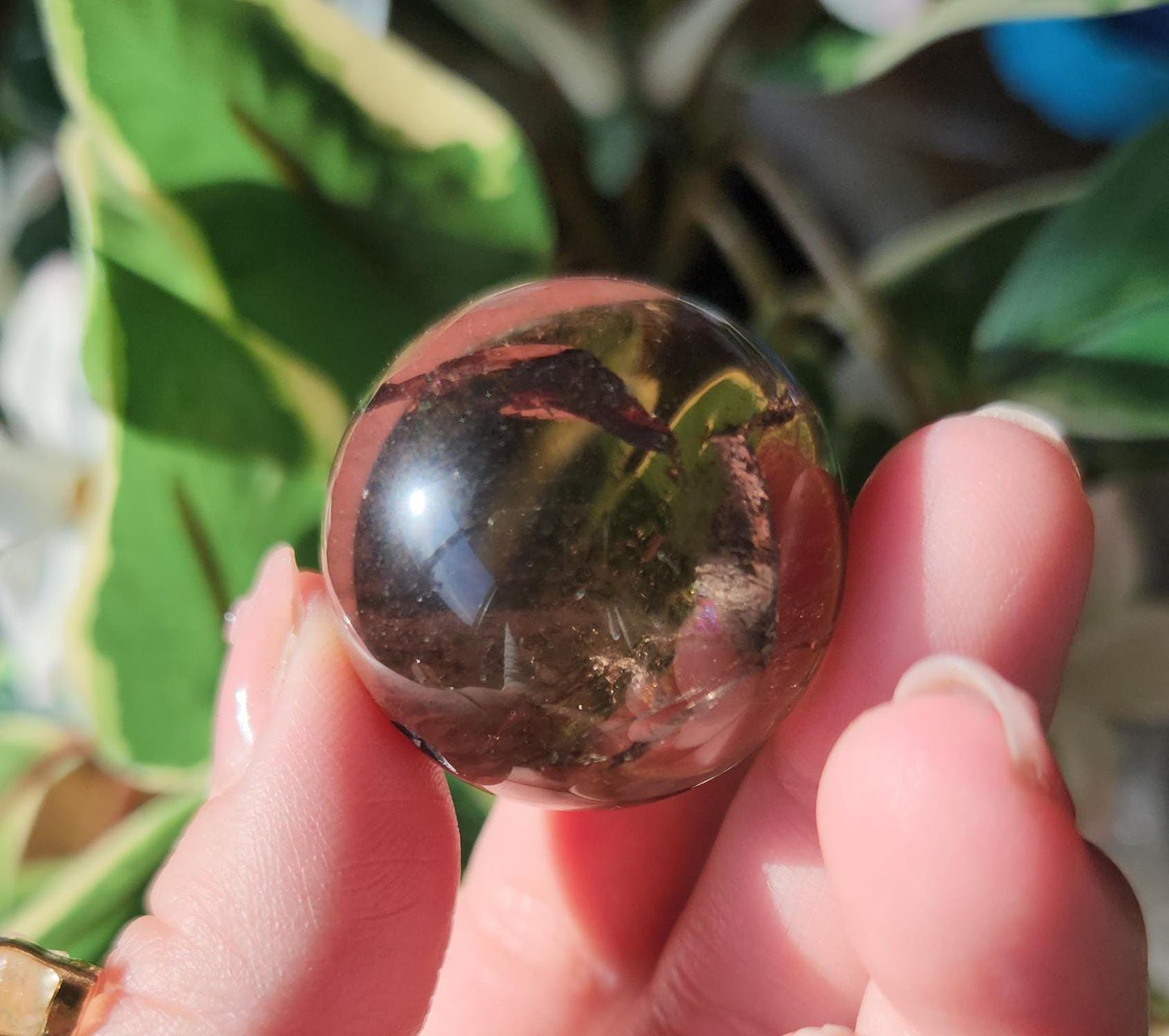 High quality natural dark smoky quartz sphere with amazing rainbows