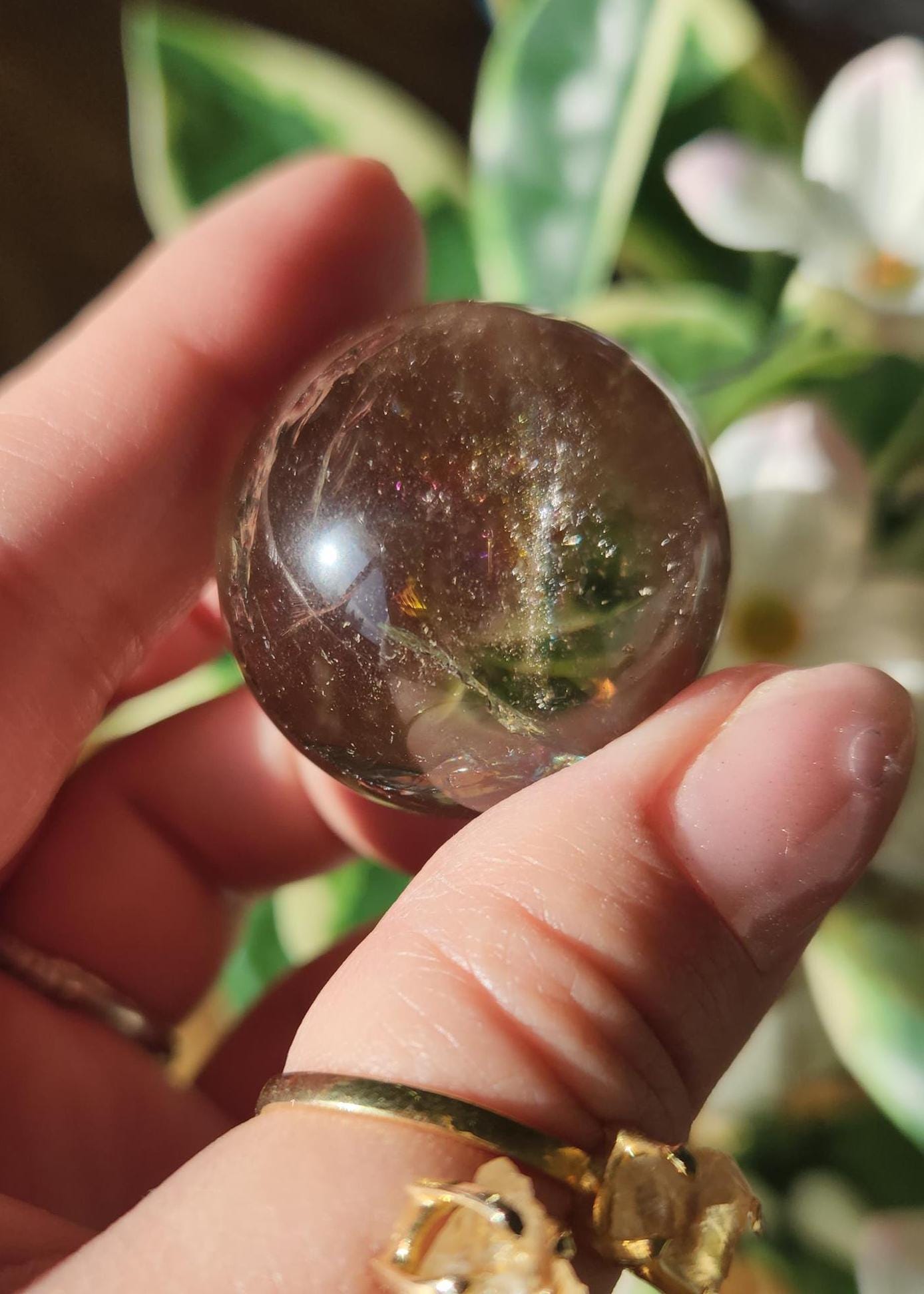 High quality natural smoky quartz sphere with amazing rainbows
