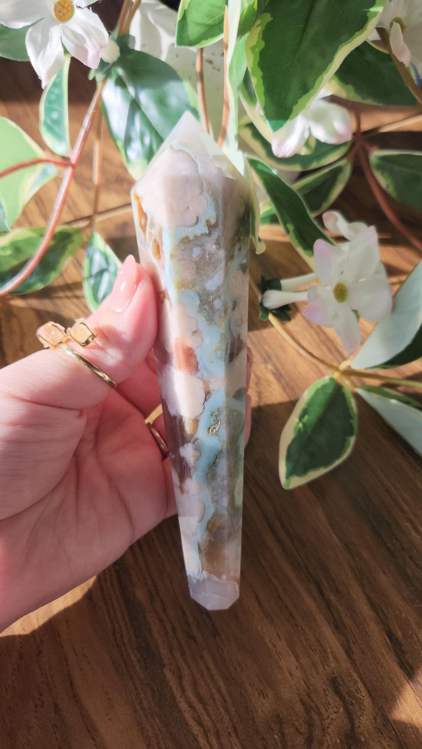 Beautiful green flower agate wand with stand