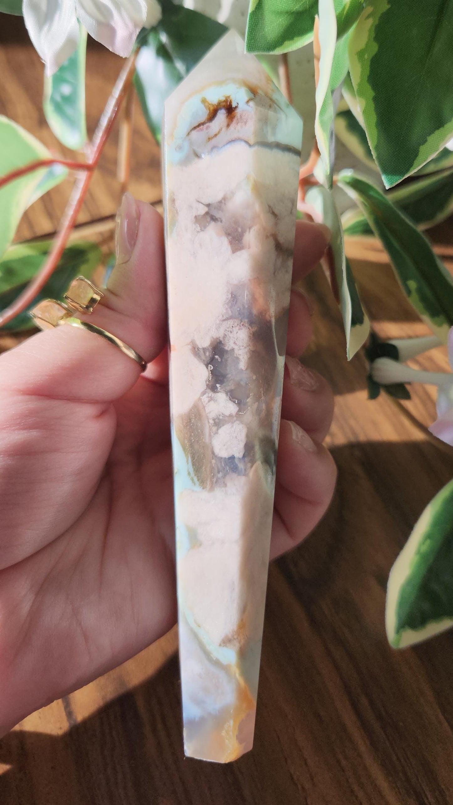 Beautiful green flower agate wand with stand