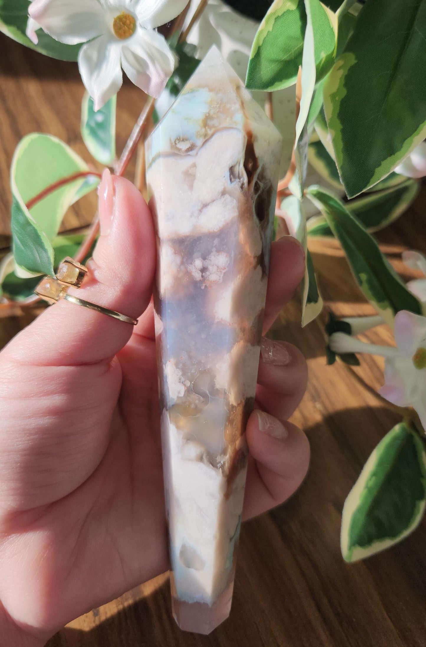 Beautiful green flower agate wand with stand