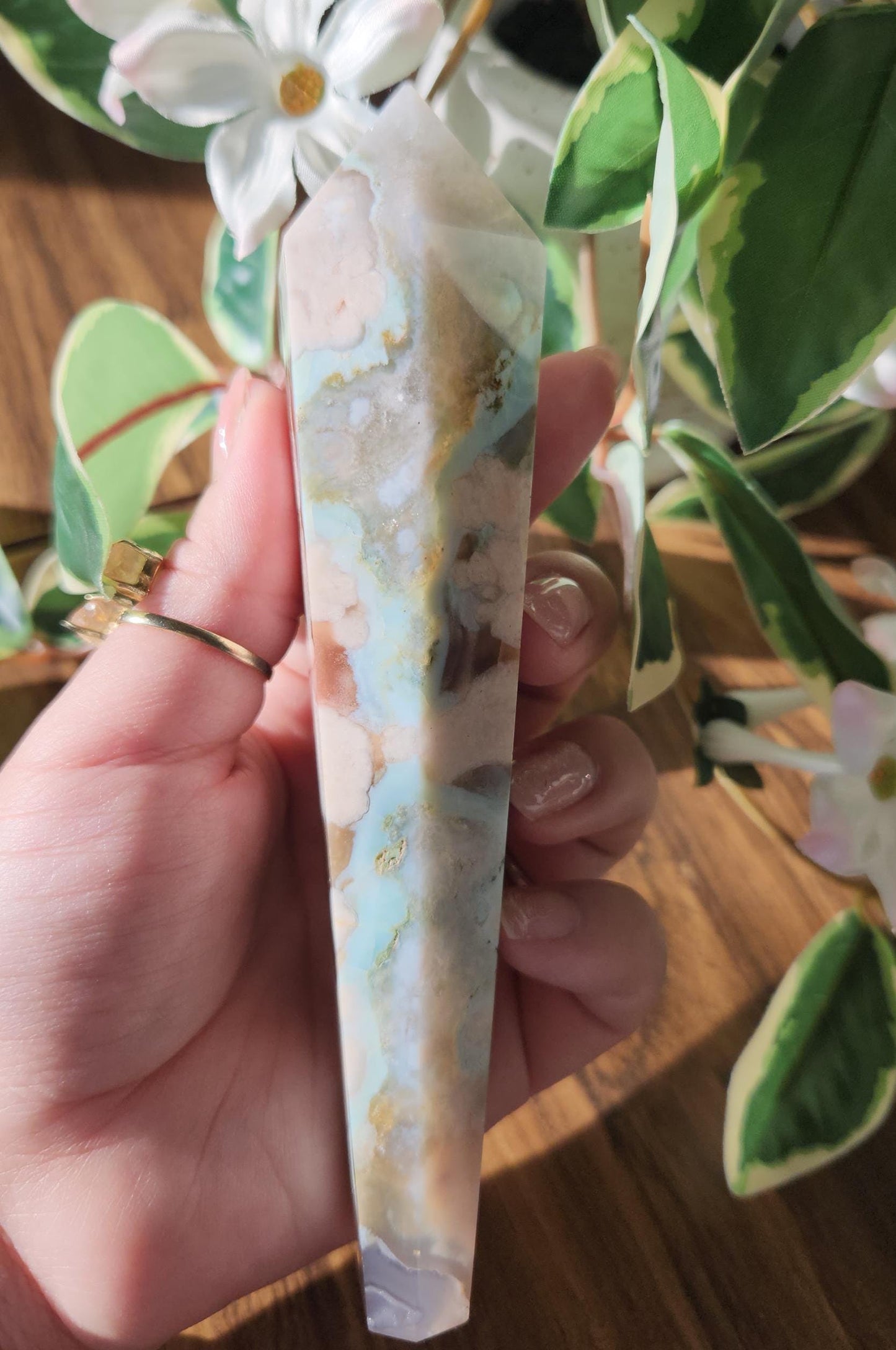 Beautiful green flower agate wand with stand