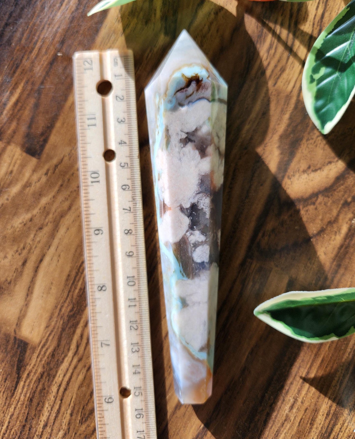 Beautiful green flower agate wand with stand