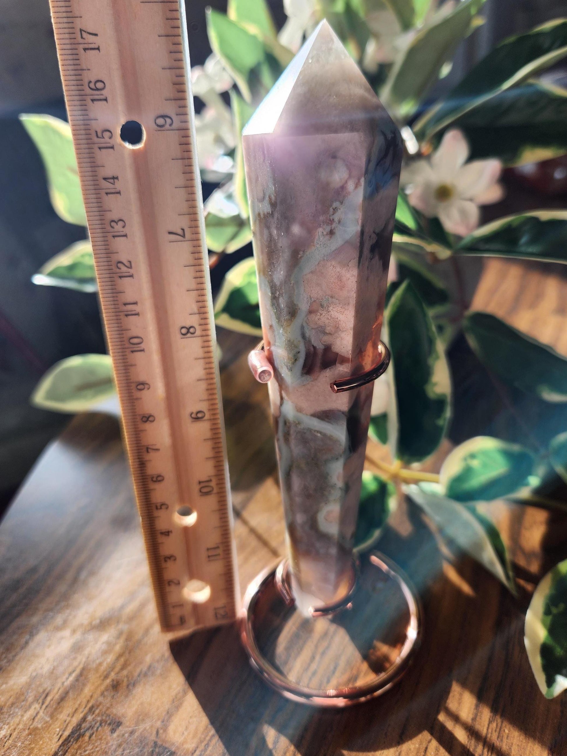 Green flower agate wand with stand