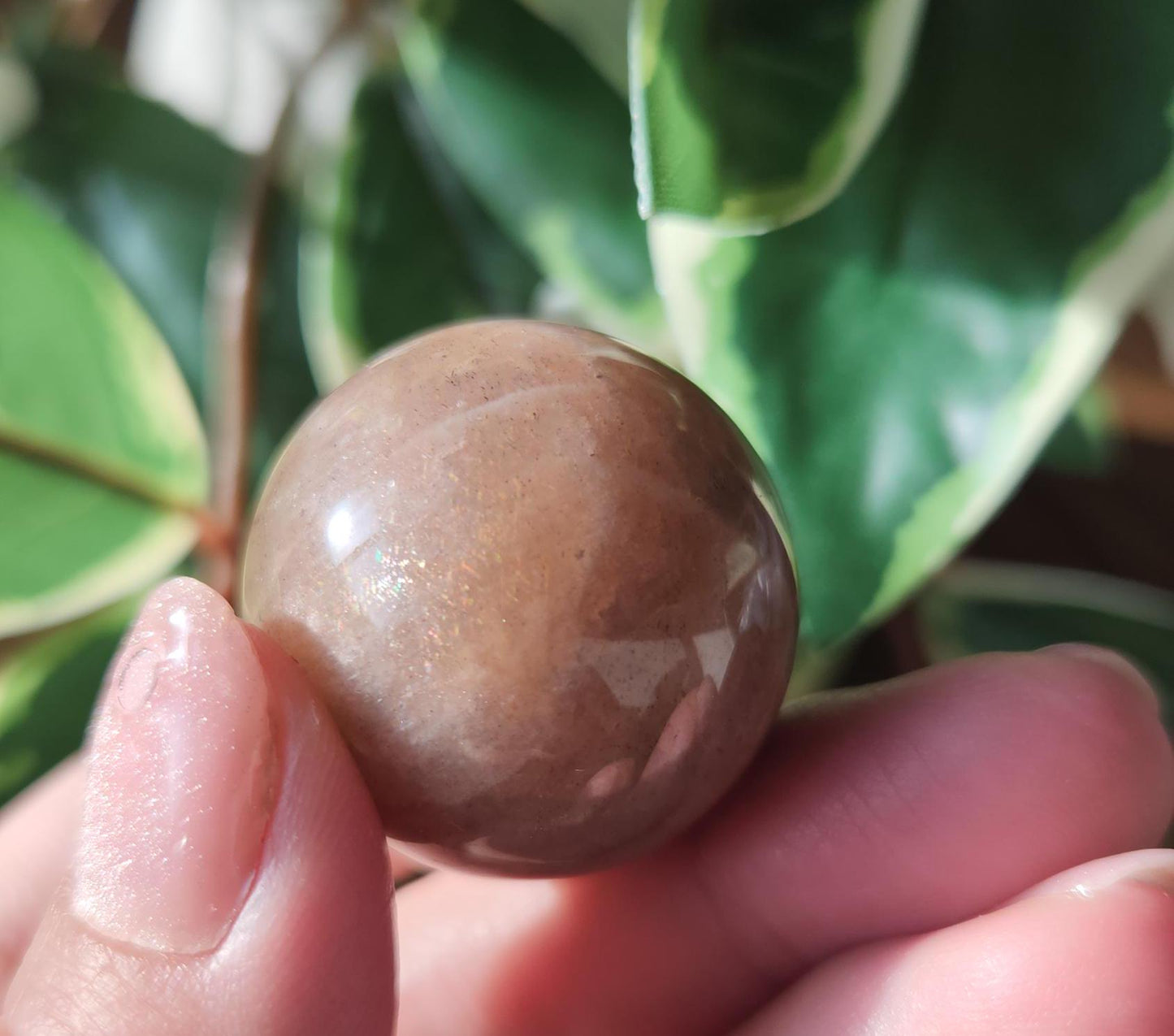 Beautiful peach moonstone sphere with a nice flash