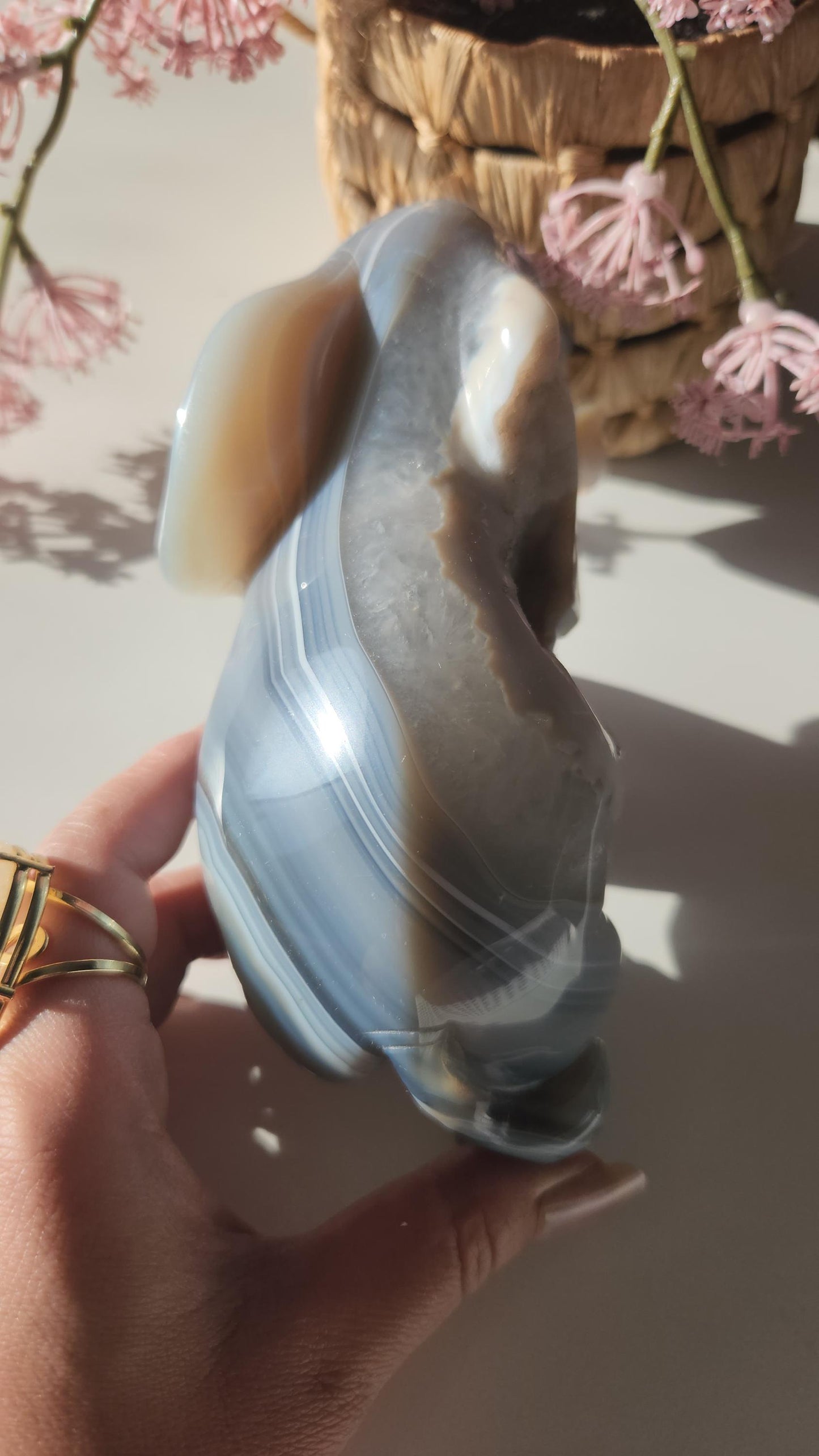 Beautiful master hand carved elephant agate with a sparkly white druzy, natural, nice banding, quartz