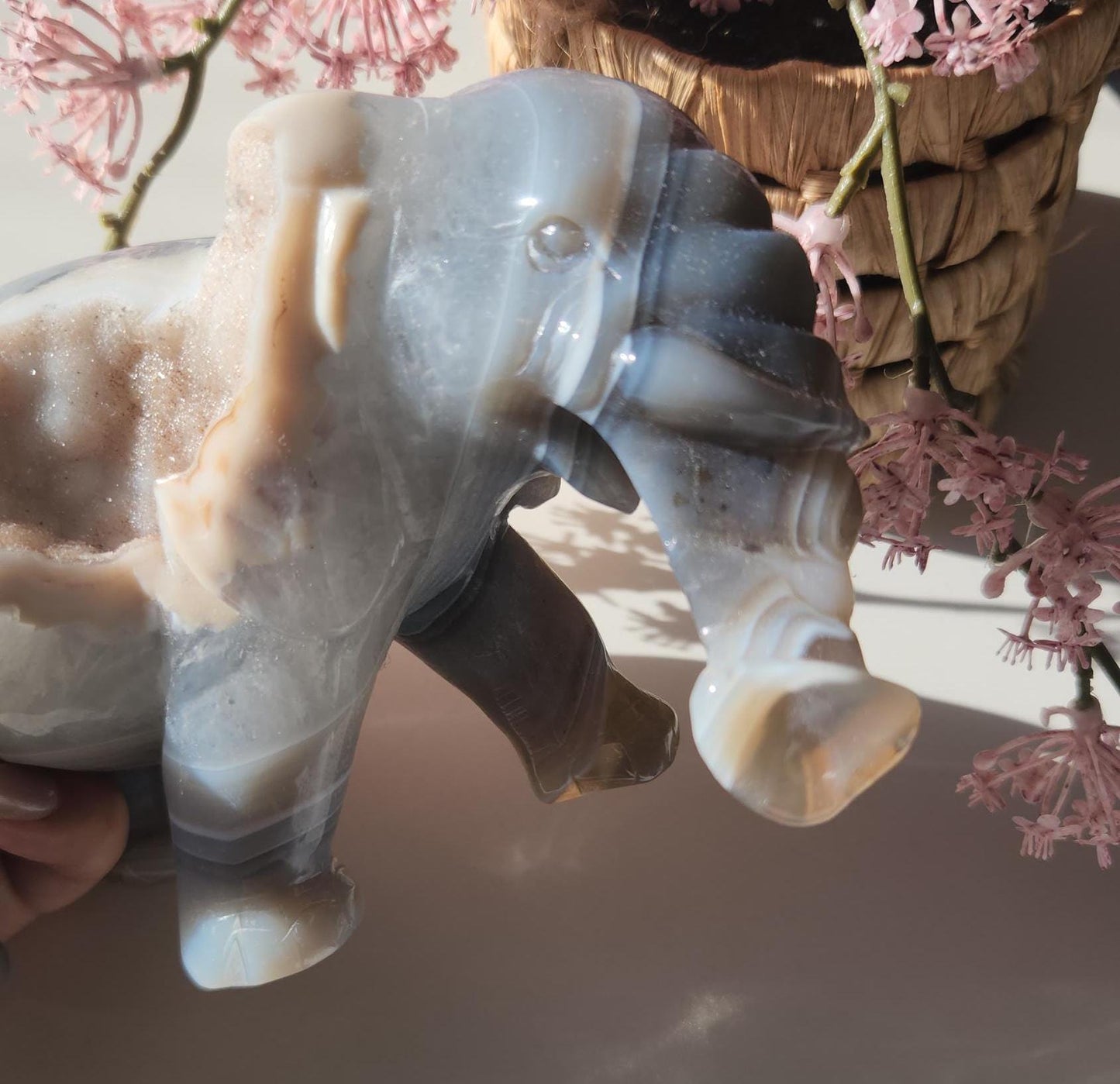 Beautiful master hand carved elephant agate with a sparkly white druzy, natural, nice banding, quartz