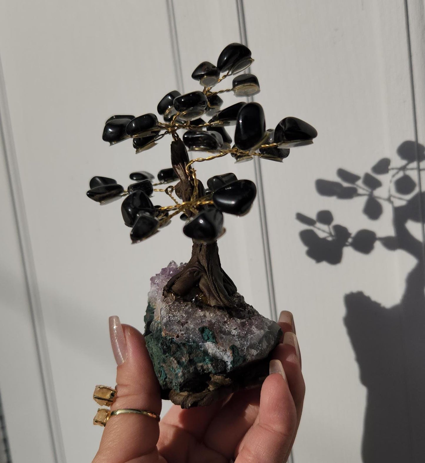 Beautiful black onyx bonsai tree with a purple amethyst cluster base from Brazil