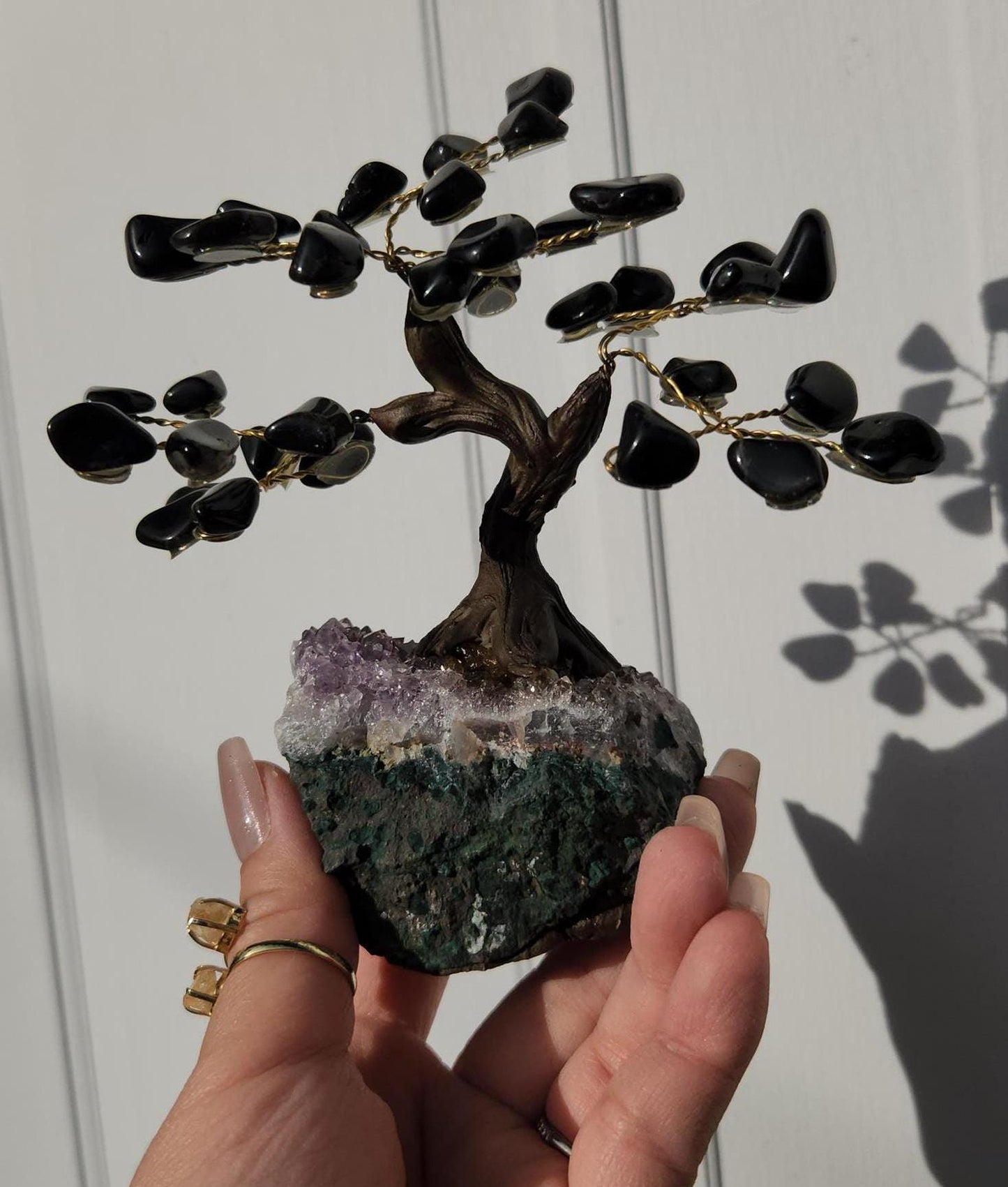 Beautiful black onyx bonsai tree with a purple amethyst cluster base from Brazil
