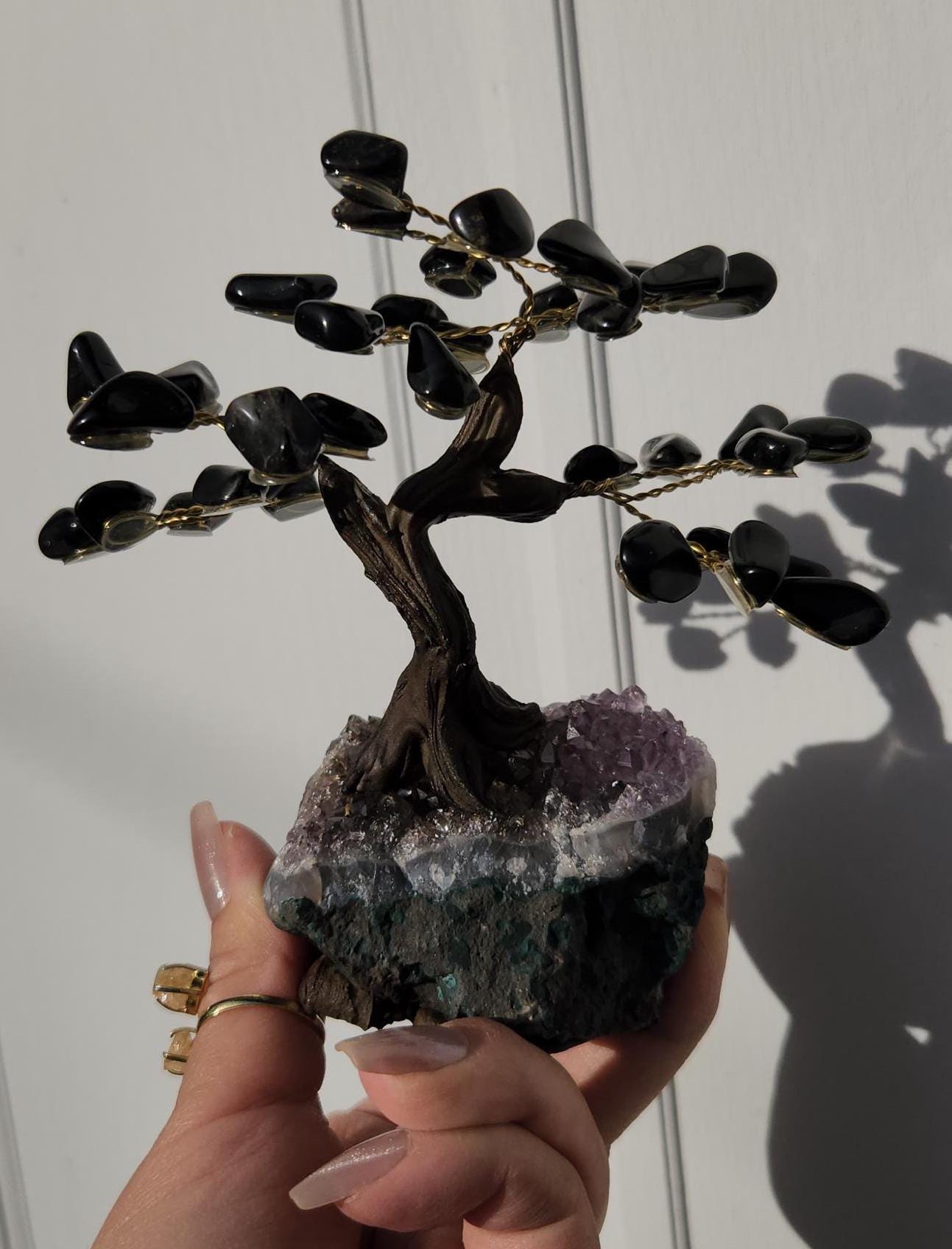 Beautiful black onyx bonsai tree with a purple amethyst cluster base from Brazil