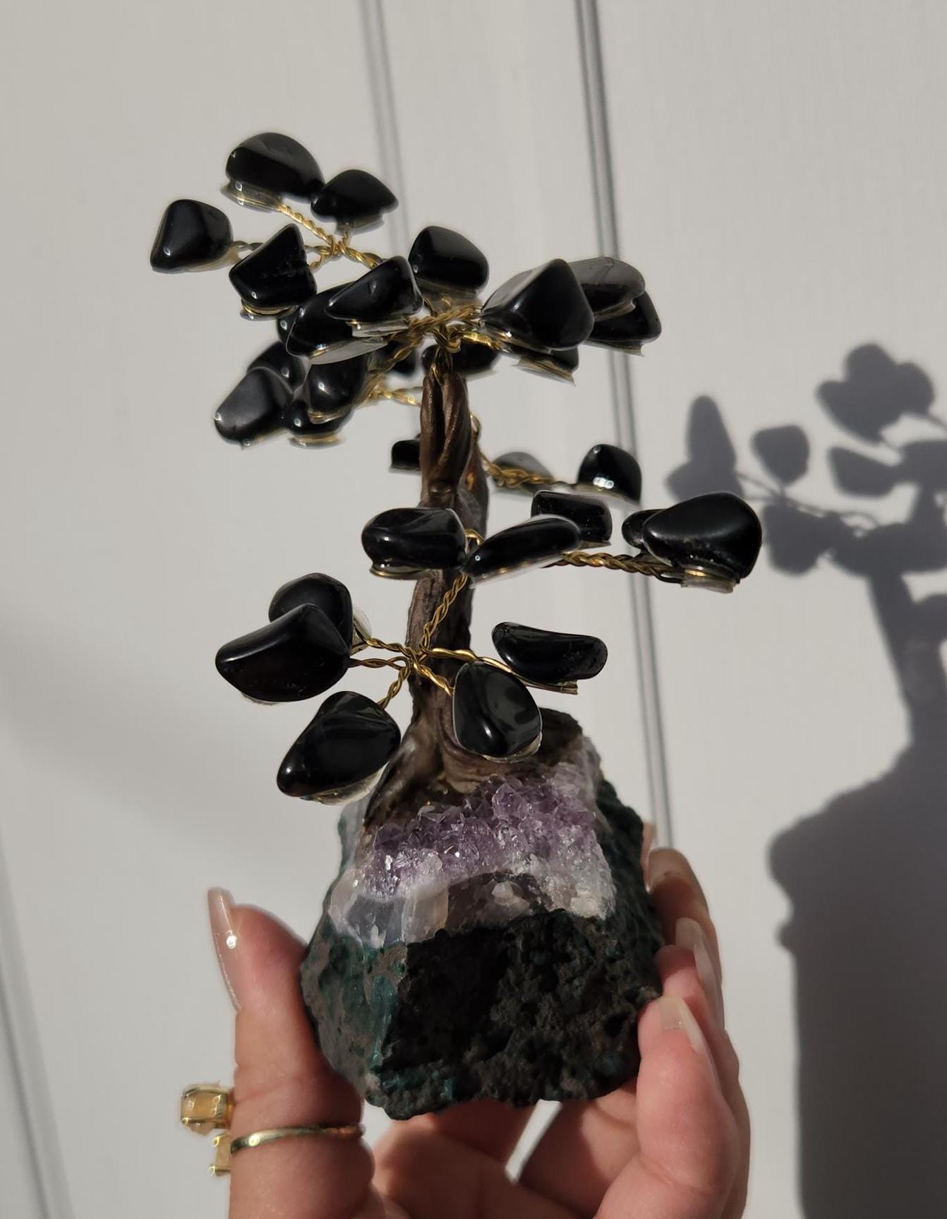 Beautiful black onyx bonsai tree with a purple amethyst cluster base from Brazil