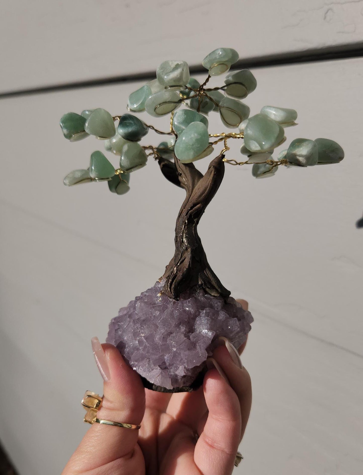 Lucky green aventurine bonsai tree with purple amethyst cluster base from Brazil, home decor