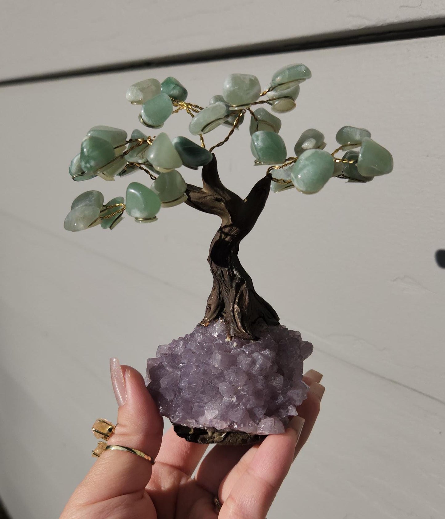 Lucky green aventurine bonsai tree with purple amethyst cluster base from Brazil, home decor