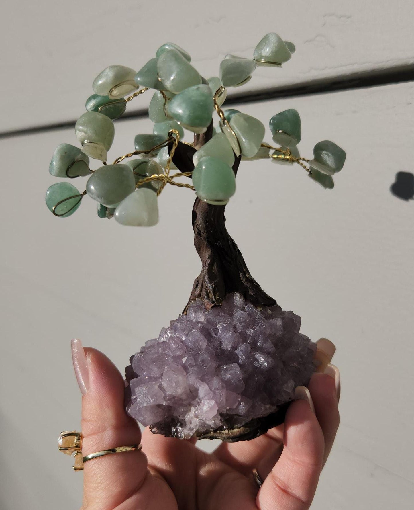 Lucky green aventurine bonsai tree with purple amethyst cluster base from Brazil, home decor