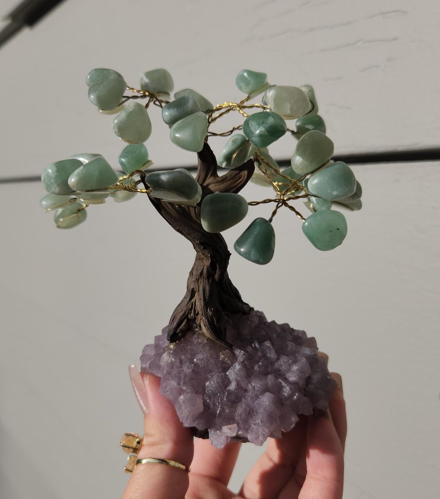 Lucky green aventurine bonsai tree with purple amethyst cluster base from Brazil, home decor