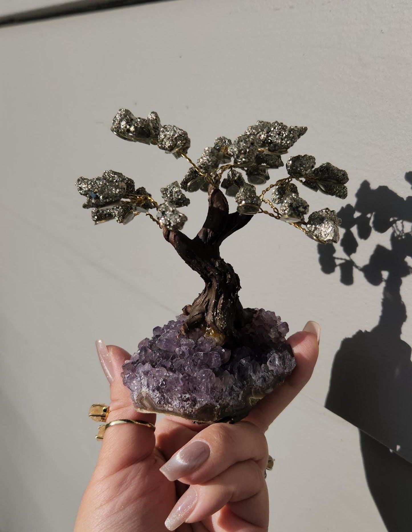 Beautiful pyrite bonsai tree with purple amethyst cluster base from Brazil