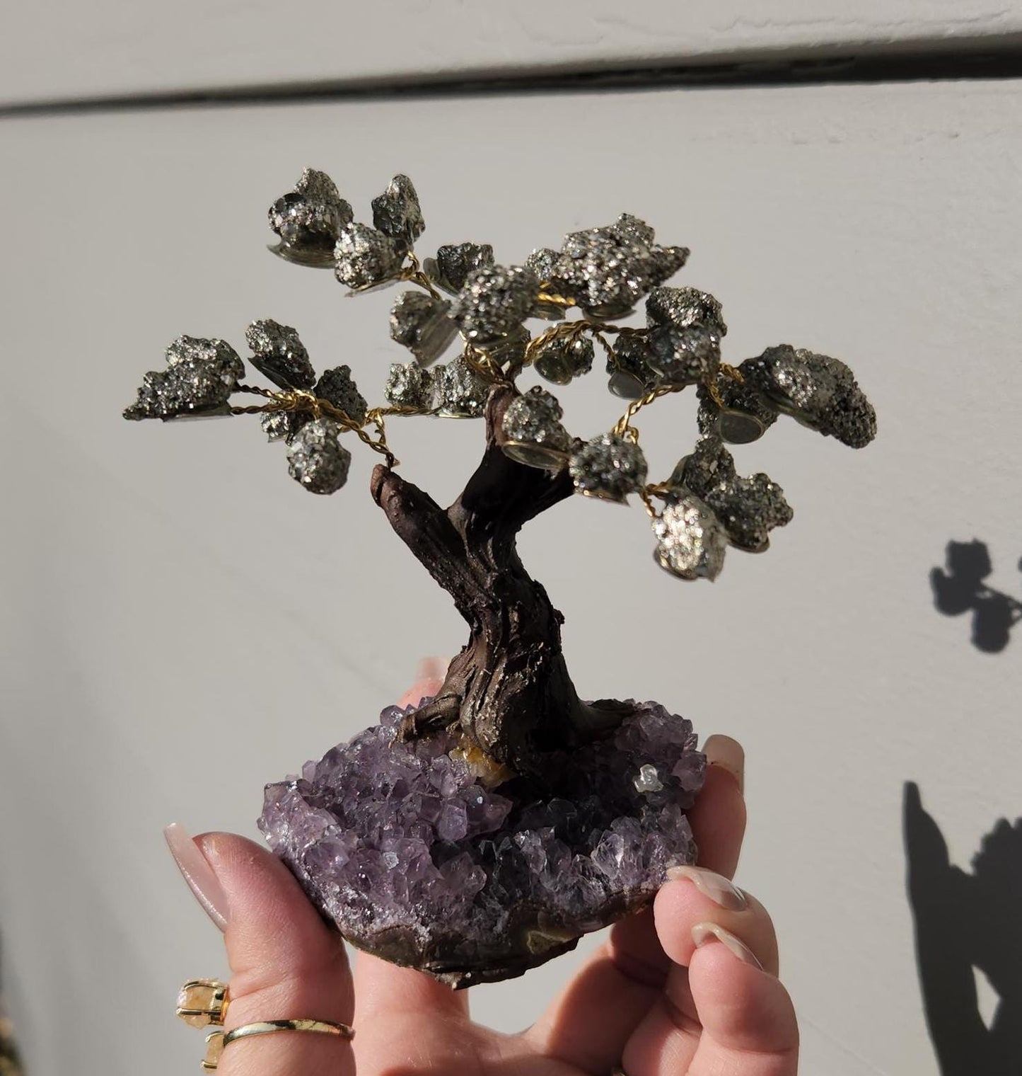 Beautiful pyrite bonsai tree with purple amethyst cluster base from Brazil