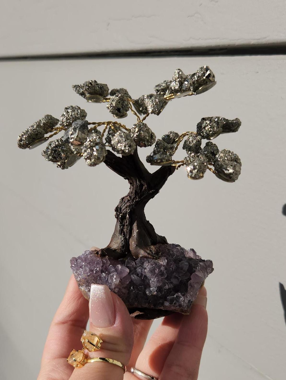Beautiful pyrite bonsai tree with purple amethyst cluster base from Brazil