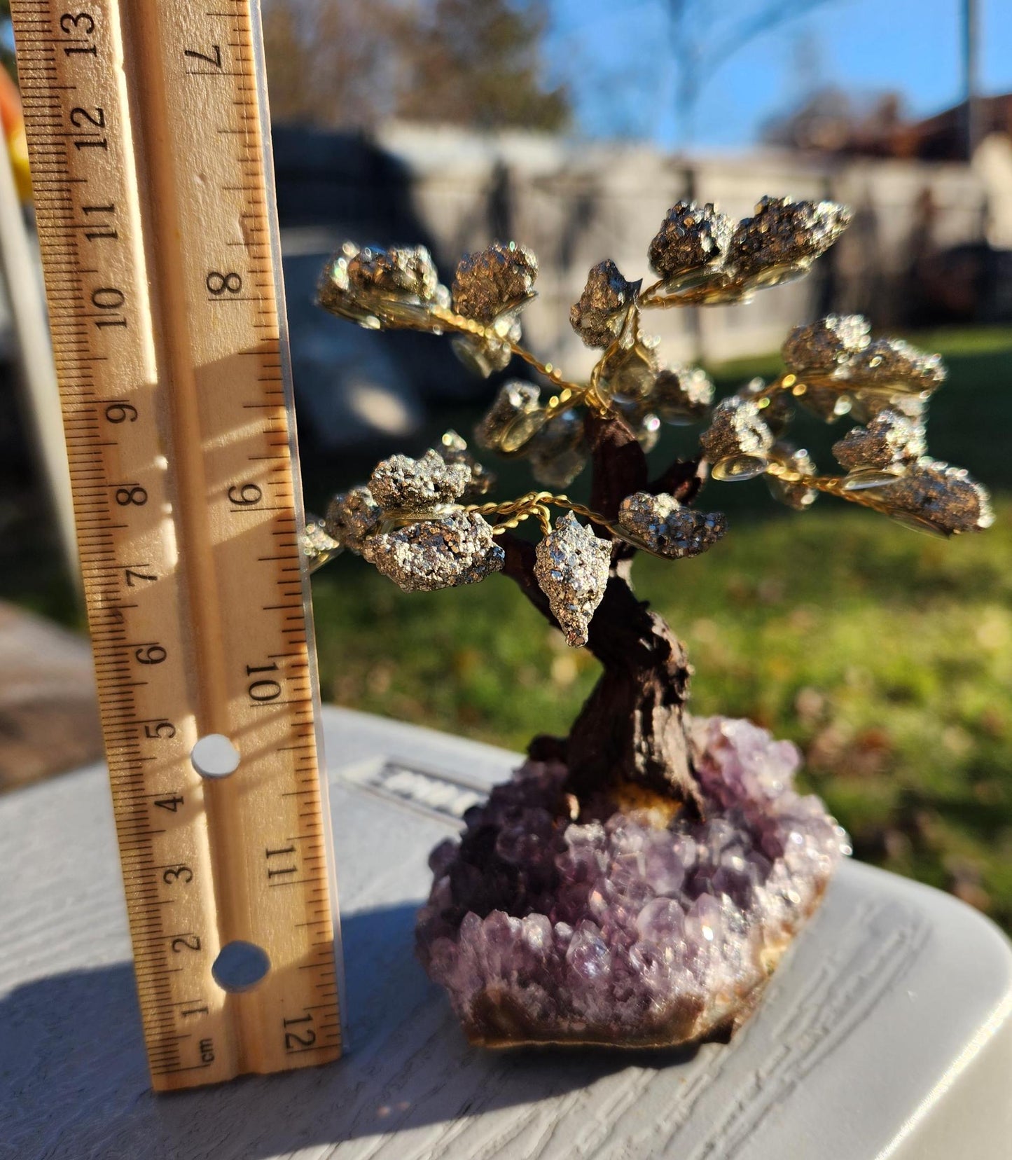 Beautiful pyrite bonsai tree with purple amethyst cluster base from Brazil