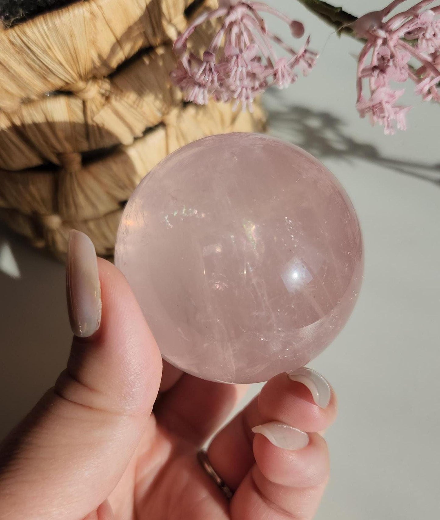 High quality 6 star rose quartz sphere, translucent with inclusions and rainbows from Mozambique  H50